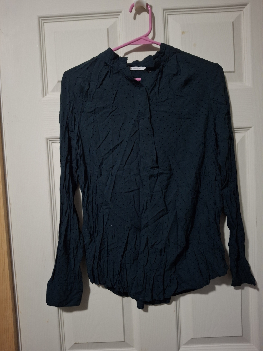Promod Dark Teal Long-Sleeve Dot-Textured Blouse